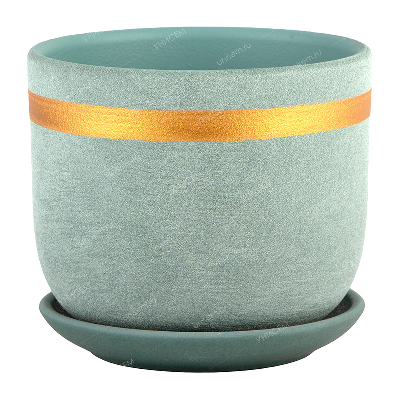 Горшок Бук Замша 0,8л d12 золото бирюзовый с поддоном (уп.16)