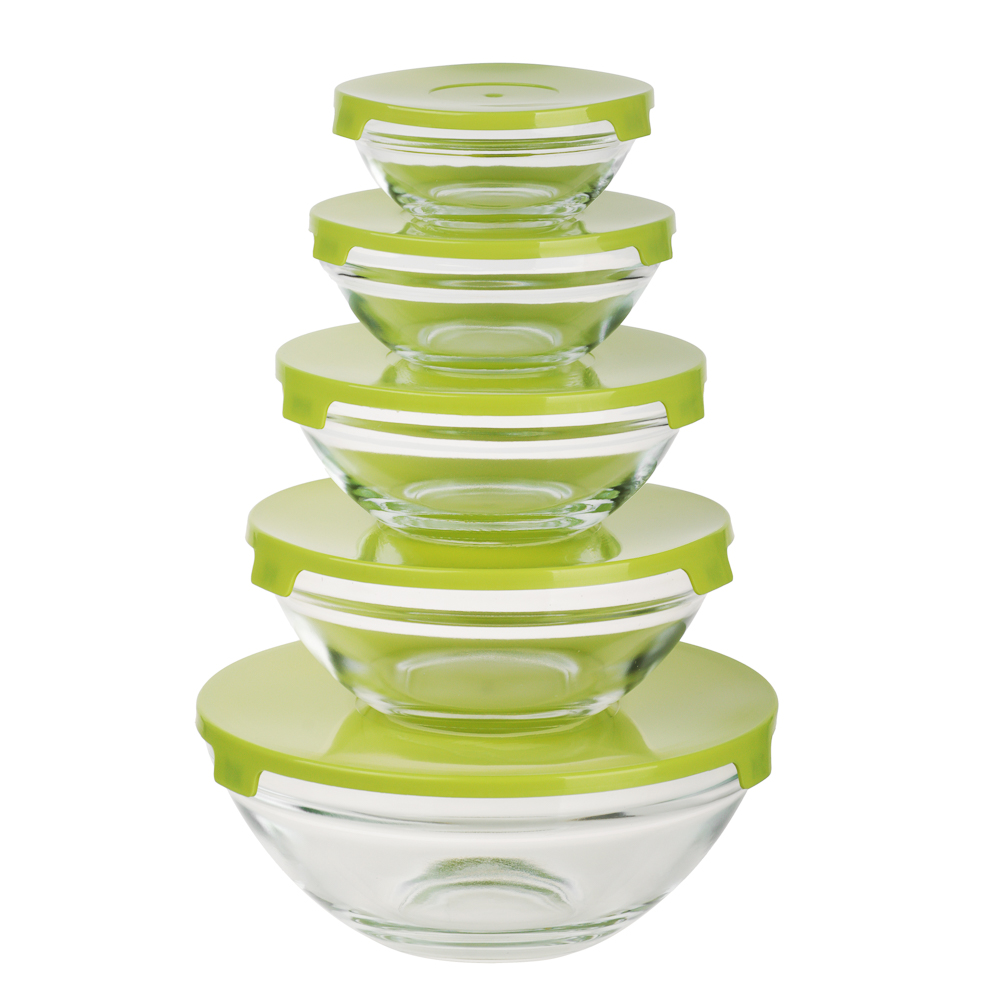 Набор салатников с крышкой 5шт: 900/ 500/350/200/130мл, стекло, пластик, оливковый