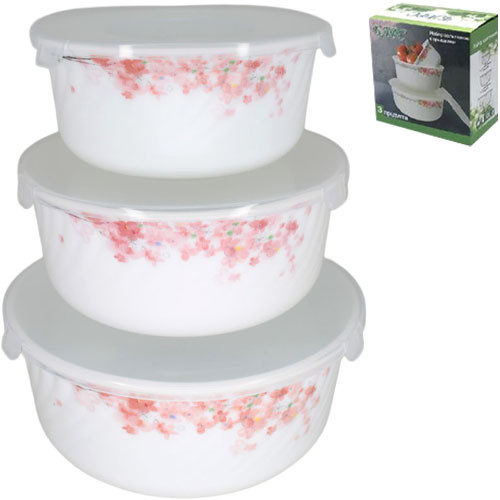 Набор салатников стеклокерамика 3пр с крышками Цветы в корзине (уп.12)