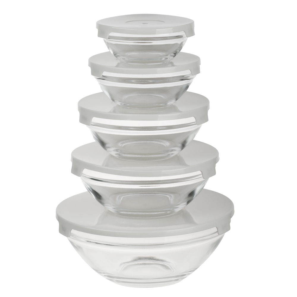 Набор салатников с крышкой 5шт: 900/ 500/350/200/130 мл, стекло, пластик, серый