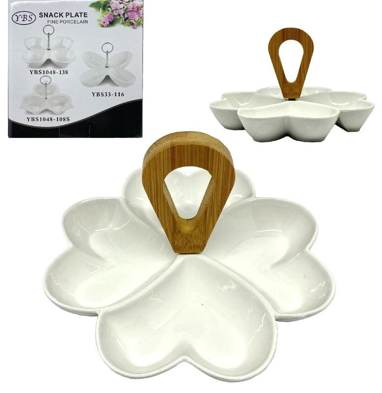 Менажница 4-секционная керамика с бамбуковой ручкой d20см микс (уп.48)