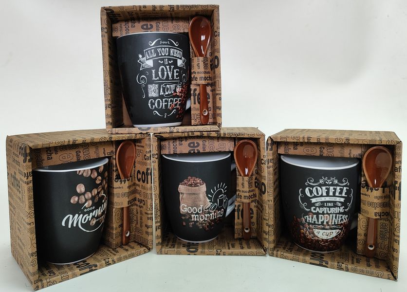 Кружка 340мл с ложкой Бочка Час кофе MIX (уп.36)