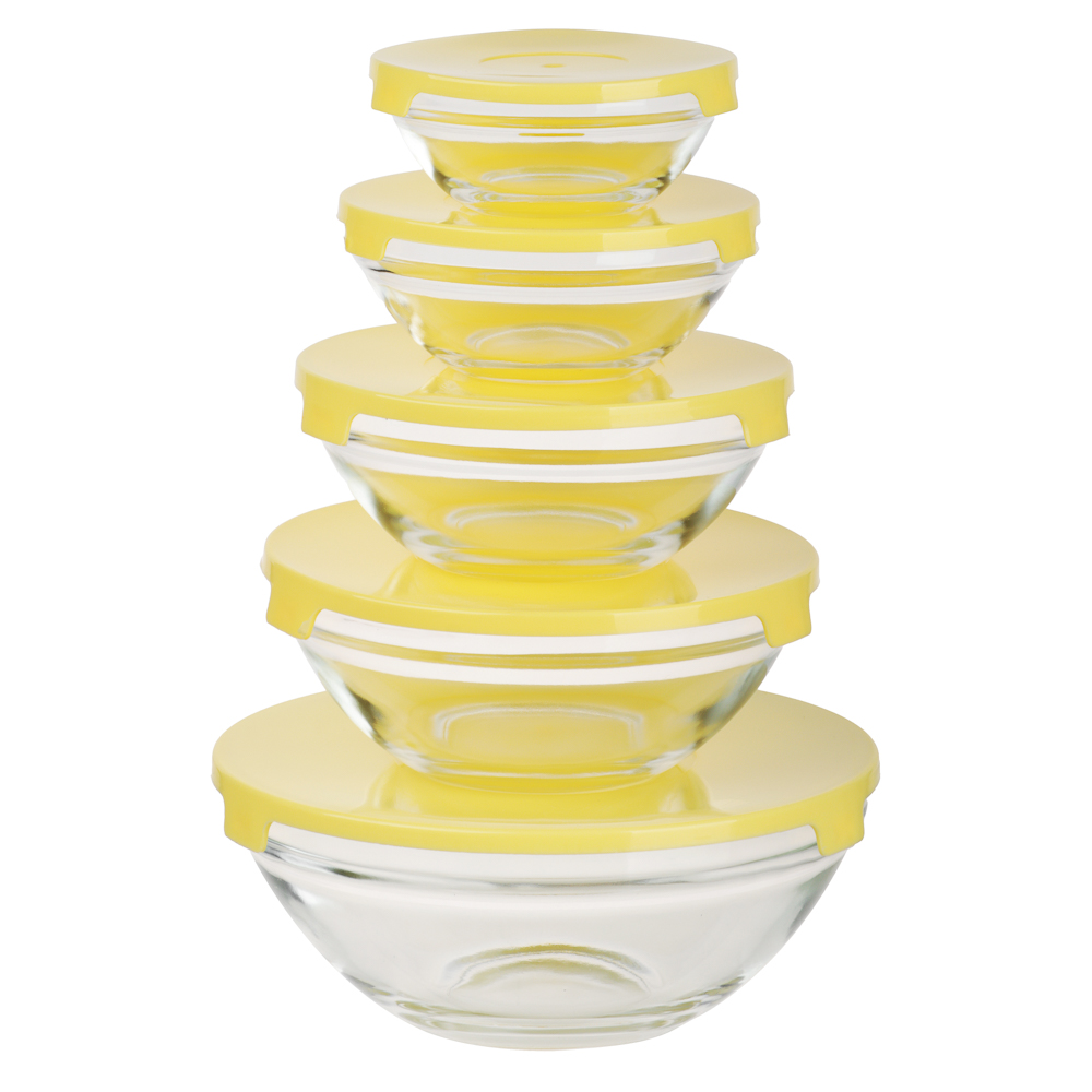Набор салатников с крышкой 5шт: 900/ 500/350/200/130мл, стекло, пластик, желтый