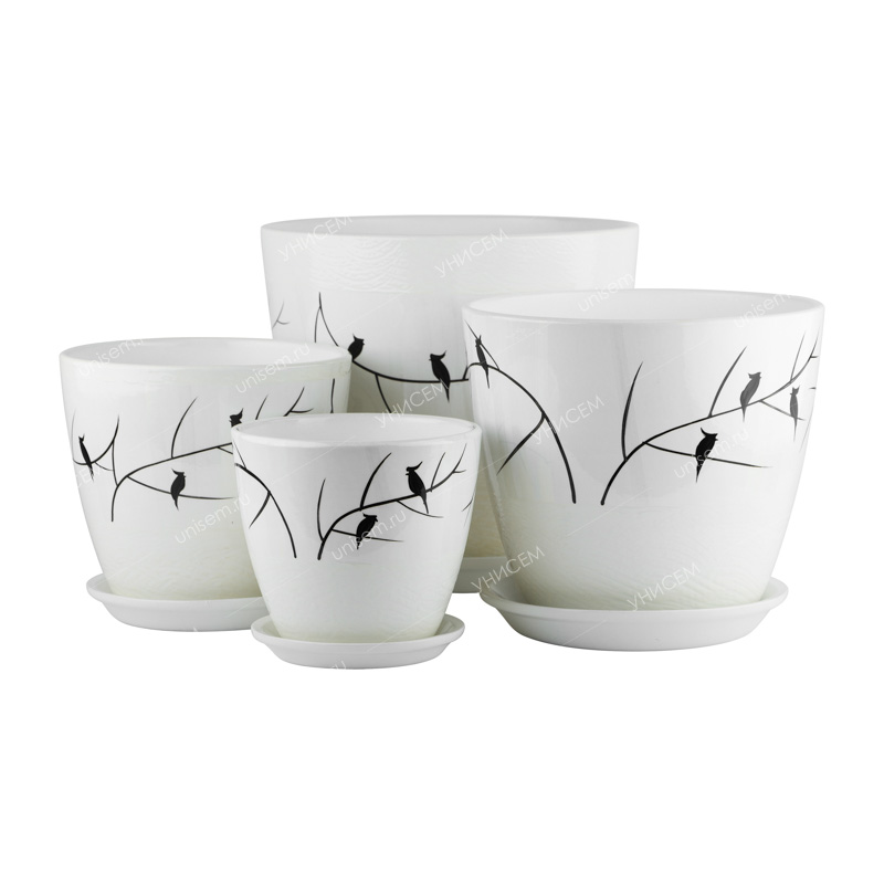 Набор горшков Бутон птицы белый из 4-х 0,9\1,7\3,2\5л (уп.2)