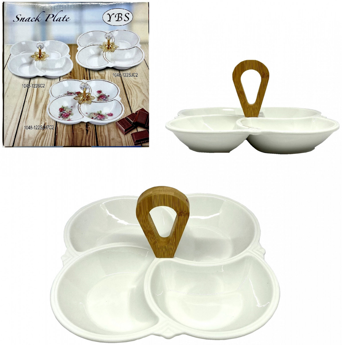 Менажница 4-секционная керамика с бамбуковой ручкой d21,5см (уп.48)