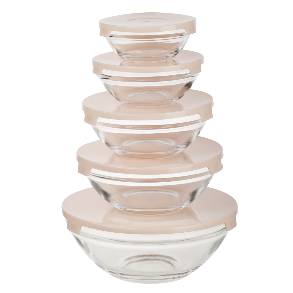 Набор салатников с крышкой 5шт: 900/ 500/350/200/130мл, стекло, пластик, бежевый