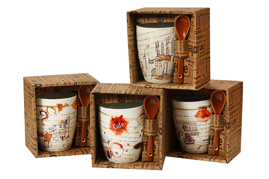 Кружка 340мл с ложкой Бочка Кофейный дворик MIX (уп.36)