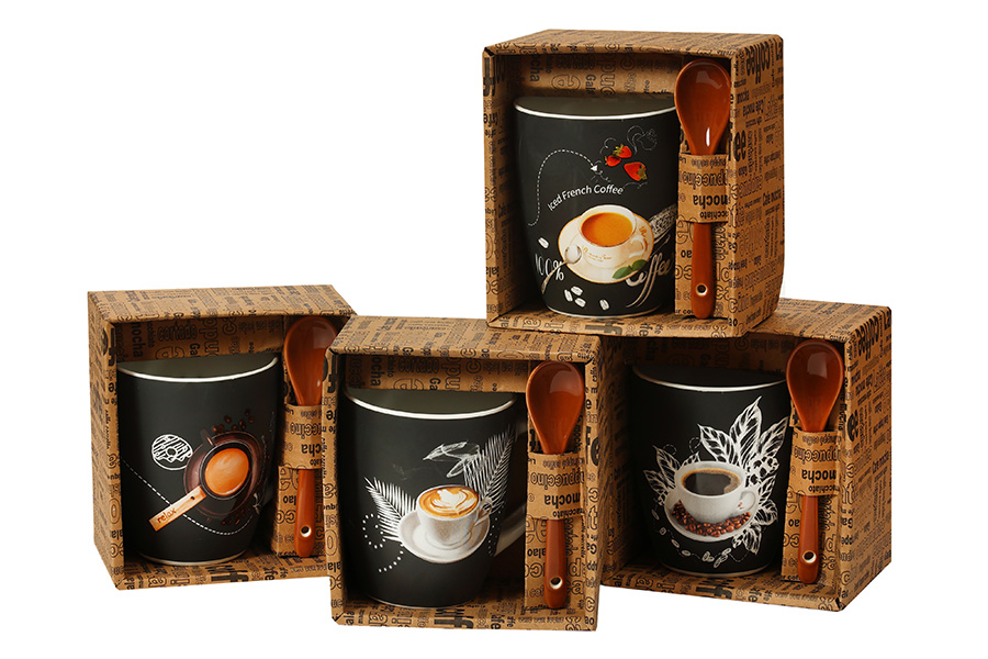 Кружка 340мл с ложкой Бочка Кофеман MIX (уп.36)