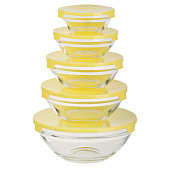 Набор салатников с крышкой 5шт: 900/ 500/350/200/130мл, стекло, пластик, желтый
