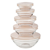 Набор салатников с крышкой 5шт: 900/ 500/350/200/130мл, стекло, пластик, бежевый