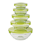 Набор салатников с крышкой 5шт: 900/ 500/350/200/130мл, стекло, пластик, оливковый
