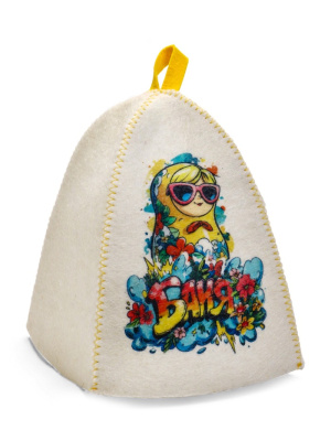 Шапка для бани "Матрешка в очках" белая